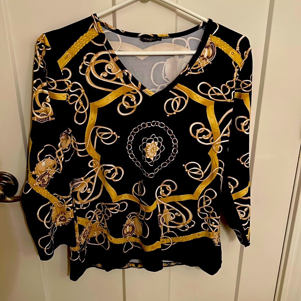 J. McLaughlin Black and Gold Patterned Top